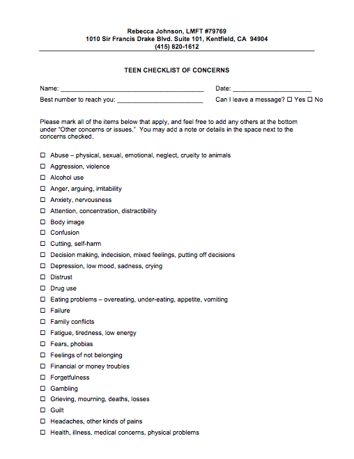 Teen Checklist of Concerns