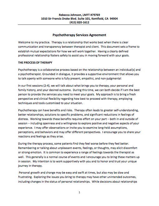 Psychotherapy Services Agreement – Adult